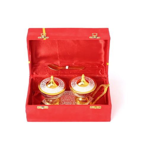 Handcrafted and Hand Embossed Premium Brass Bowl and Spoon Set with Miniature Table Trolley